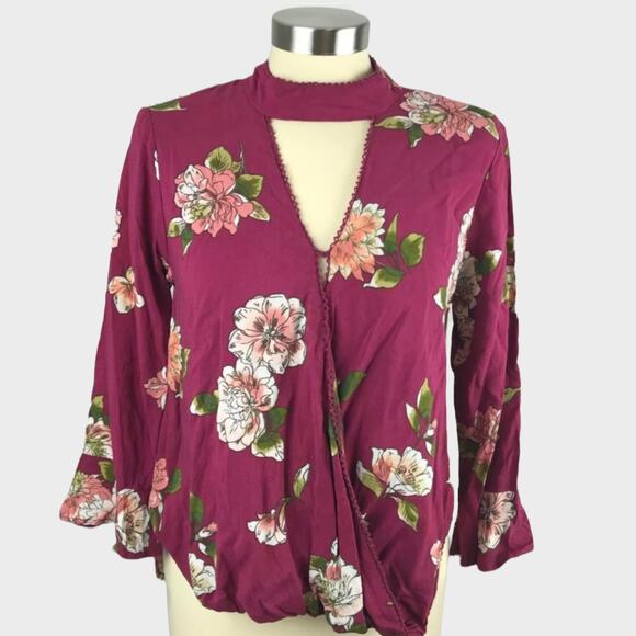 Indigo Rein Womens M Pink Floral Blouse Wtap Flutter Sleeves 100% Rayon - Picture 1 of 9